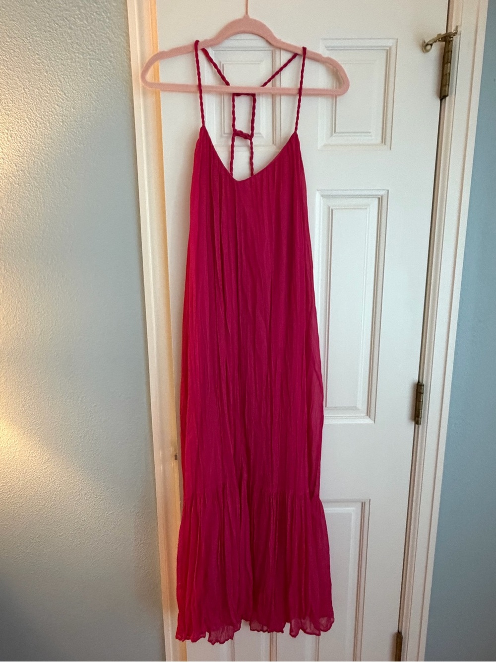 NWT ZARA Bright Fuchsia Flowy Braided Strap Low Back Maxi Dress Size Small